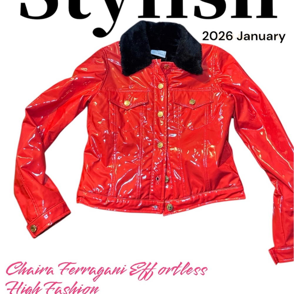 Chiara Ferragni Red Patent Bomber Jacket with Black Faux Fur Collar